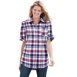 Woman Within Women's Plus Size Petite Short-Sleeve Button Down Seersucker Shirt - 1 of 4