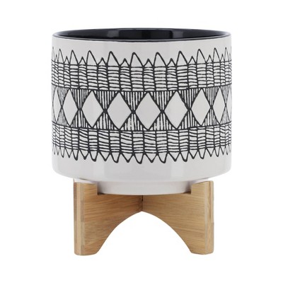 Geometric Ceramic Planter on Wooden Stand - Sagebrook Home
