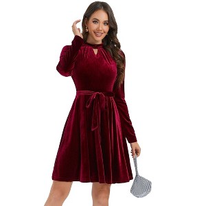 BLUEMING Womens Velvet Cocktail Dress Vintage Long Sleeve Babydoll V Neck A Line Wedding Guest Mini Dress - 1 of 4