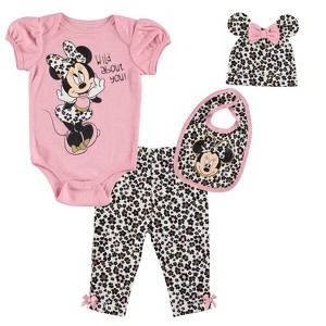 Disney Minnie Mouse Baby Girls Bodysuit Pants Bib and Hat 4 Piece Outfit Set Newborn to Infant - 1 of 4