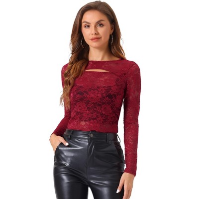 INSPIRE CHIC Women's See-Through Cut Out Long Sleeve Fitted Lace Floral Top