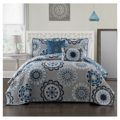 Blue Elsa Quilt Set (Queen) 5pc: Geneva Home Fashion, Reversible Polyester Bedding with Decorative Pillows