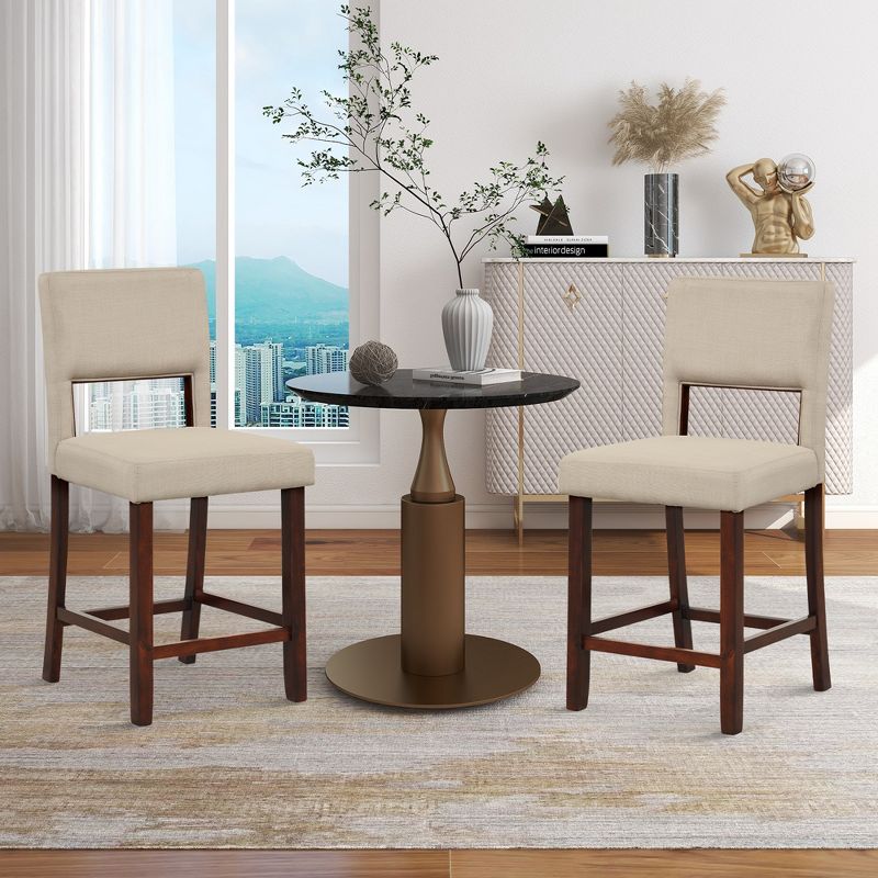 Costway Set of 2 Upholstered Linen Bar Stools 24.5'' Wooden Dining Chairs with Back Beige/Brown, 2 of 10