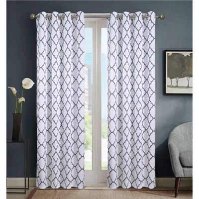 Kate Aurora Montauk Accents 2 Piece White & Gray Trellis Light Filtering Modern Geometric Grommet Top Window Curtains
