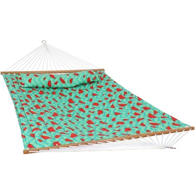 Sunnydaze Heavy-Duty 2-Person Quilted Printed Fabric Spreader Bar Hammock and Pillow - 450 lb Weight Capacity - Watermelon and Chevron