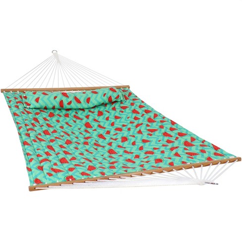 Sunnydaze Heavy-Duty 2-Person Quilted Printed Fabric Spreader Bar Hammock  and Pillow - 450 lb Weight Capacity - Watermelon and Chevron