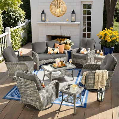 XIZZI Outdoor Patio Swivel Chair Conversation Set, 3/5/7/8 Piece Sofa Sets w/ Side Table, 360° Swivel Seats & Optional Coffee Table/Loveseat