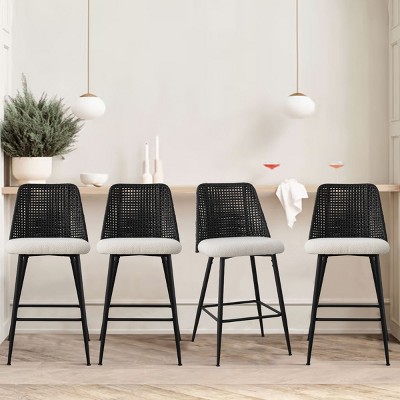 Set of 4 Bouclé Rattan Counter Stools, 27" Upholstered Bar Chairs with Rattan Back for Kitchen Island or Breakfast Bar-Maison Boucle