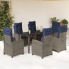 vidaXL 7-Piece Poly Rattan Patio Dining Set - Gray w/Navy Cushions, Adjustable Recliners, Tempered Glass Table for Garden/Outdoor Living - 2 of 4