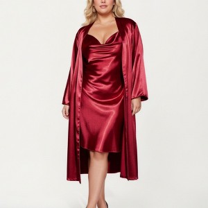 Anna-Kaci Lounge Women's Satin Slip Dress and Long Robe Set with Soft Draped Silhouette and Elegant Flowing Layered Design - 1 of 4