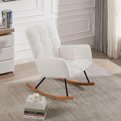 GustoWave Nursery Rocking Chair with High Backrest Armchair, Teddy Fabric Upholstered Glider Rocker Rocking Accent Reading Chair