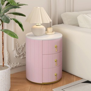 INFURNIC Nightstands Upholstered Nightstand with 3 Drawers Round Design Marbling Sticker Top Metal Handles, Pink, 15.75"*15.75"*20.67" - 1 of 4