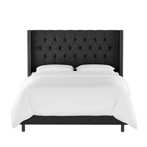 Twin Louis Diamond Tufted Wingback Bed Black Linen with Pewter Nail Buttons - Skyline Furniture