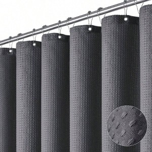 Charcoal Grey Waffle Weave Shower Curtain, 256GSM, 72x72, Hotel Luxury Weighted with 12 Hooks - 1 of 4