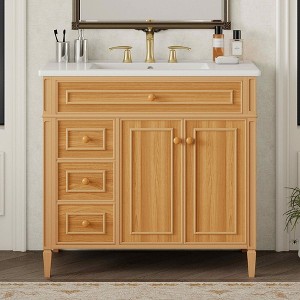 MAYEERTY 30" Bathroom Vanity with Sink Green MDF Rubberwood 3 Drawers Adjustable Shelf Freestanding - 1 of 4