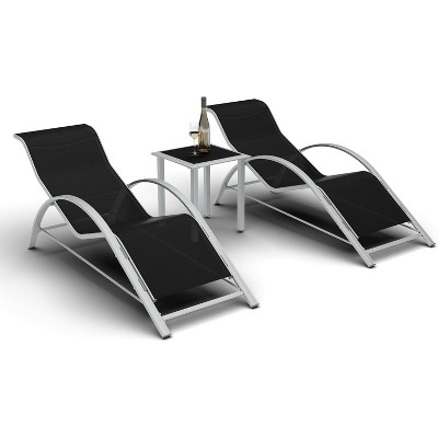 homfan Patio Chaise Lounge Set of 3, Outdoor Reclining Pool Chairs with Backrest -with Side Tables & Cup Holders, Waterproof Cushions