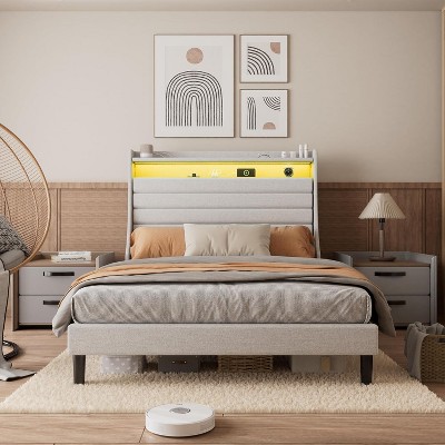 Whizmax Platform Bed Frame - Upholstered Linen Headboard with Storage, Charging Station & LED Lights, Wood Slat Support, No Box Spring