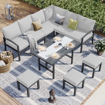 COWLOWN 7 Piece Light Gray Metal Outdoor Patio Set,  Sectional Sofa, High Dining Table, Chair with Cushions for Balcony, Porch and Lawn Areas
