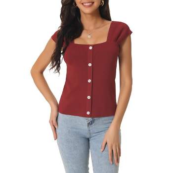 Seta T Women's Summer Square Neck Ribbed Buttons Decor Cap Sleeves Casual Pullover Tops