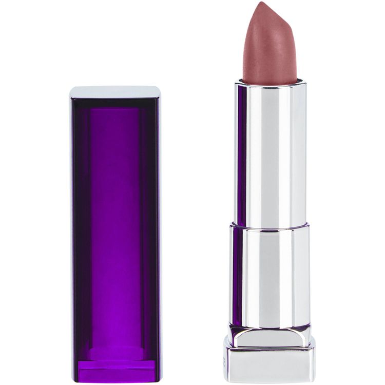 Lipstick in a mauve shade with a silver metallic tube and a translucent purple cap.