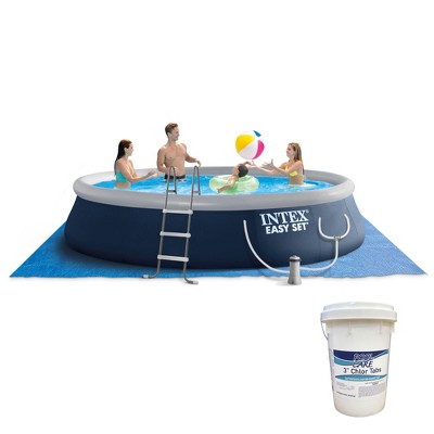 Intex Easy Set 15ft x 42in Inflatable Outdoor Above Ground Swimming Pool Bundle with Filter Pump & Pool Care 36150 3-Inch Chlorine Tablets, 50 Pounds