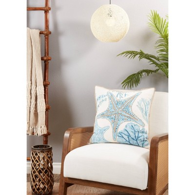 Aqua Blue Starfish Cotton Square Throw Pillow