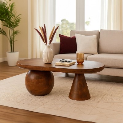 Royal Hampton Coffee Table | 38" Handmade Mango Wood Oval Top | Round Ball and Cone Base