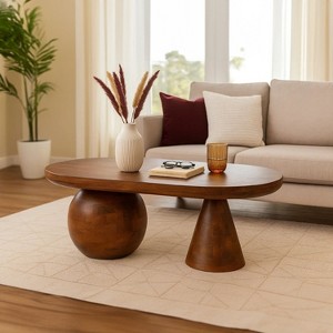 Royal Hampton Coffee Table | 38" Handmade Mango Wood Oval Top | Round Ball and Cone Base - 1 of 4