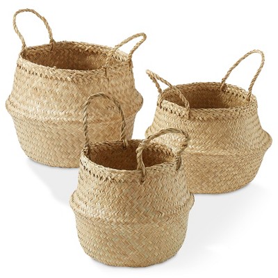 Casafield Seagrass Belly Baskets with Handles, Natural Woven Storage Bin Planters for Home Decor, Indoor Plant Pot Covers