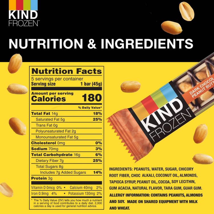 Nutrition label for KIND Frozen Dark Chocolate Peanut Butter bar showing 180 calories per serving, with ingredients including peanuts, water, sugar, and chicory root fiber.