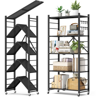 SKONYON Storage Shelves Foldable Metal Shelves Utility Shelving Units with Hooks 4-Tier & 5-Tier