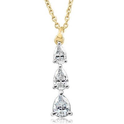 Pompeii3 1/2Ct Pear Shape Diamond Three Stone Pendant Yellow Gold Necklace Lab Created
