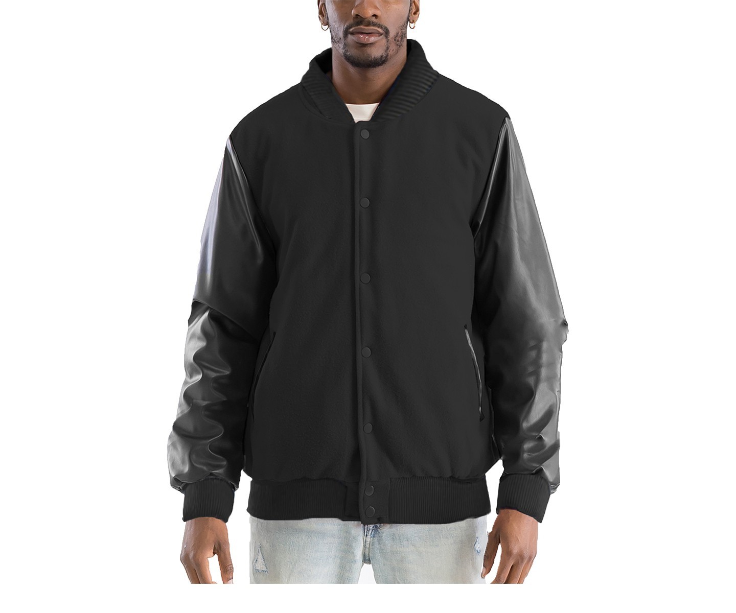Мужская куртка Slickblue Varsity Letterman Snap Jacket, Melton Fabric PU Sleeves, Casual Streetwear Outerwear, Black, цвет: Чёрный — фото 1