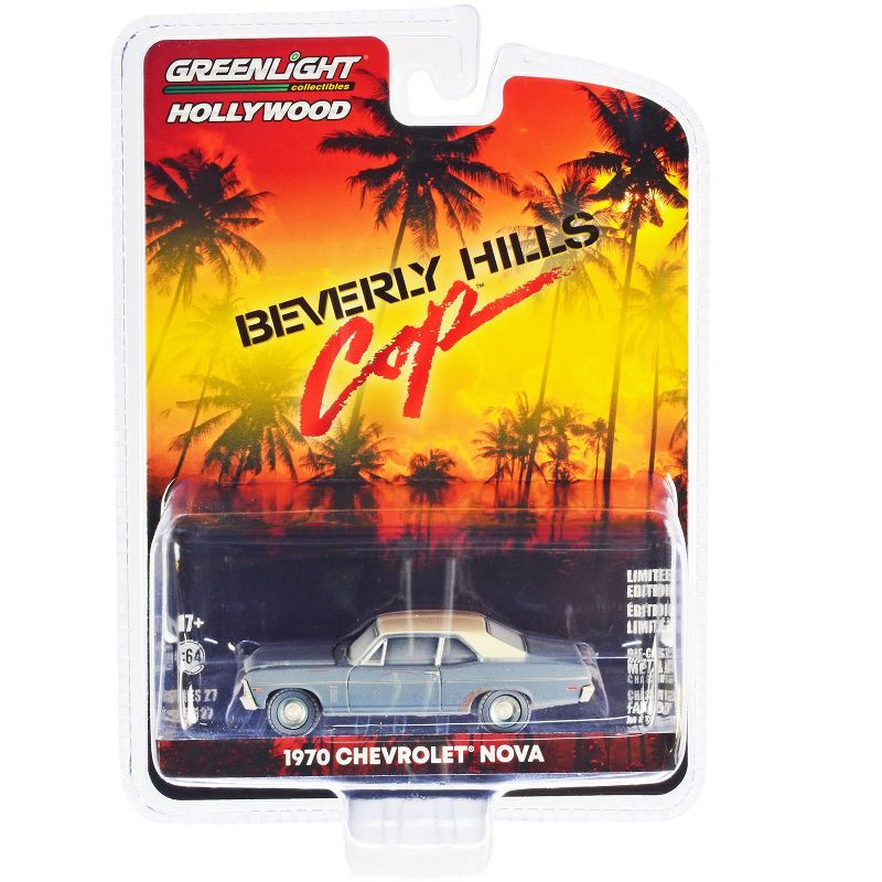 1970 Chevrolet Nova Blue Met. w/White Top (Unrestored) "Beverly Hills Cop" (1984) Movie 1/64 Diecast Car by Greenlight, 1 of 4