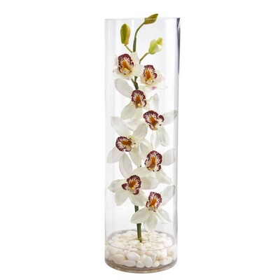 Nearly Natural 20-in Cymbidium Orchid Artificial Arrangement in Tall Cylinder Vase