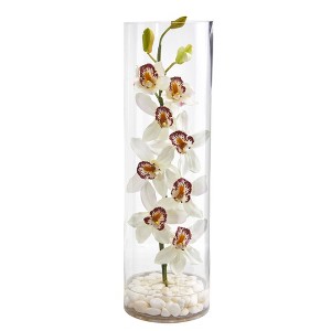 Nearly Natural 20-in Cymbidium Orchid Artificial Arrangement in Tall Cylinder Vase - 1 of 1