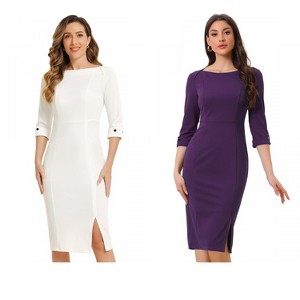 INSPIRE CHIC Women's Elegant Boat Neck 3/4 Sleeves Work Midi Split Sheath Dress 2 Packs - 1 of 4