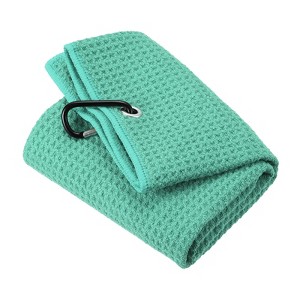 Unique Bargains Super Absorbent Waffle Pattern Tri-Fold Microfiber Golf Towels with D Clips - 1 of 4