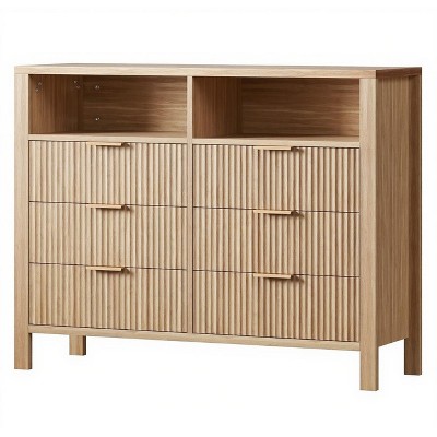 6 Drawer Dresser for Bedroom, Farmhouse Chest of Drawers with 2 Open Shelves and Fluted Doors, Home Storage and Organization