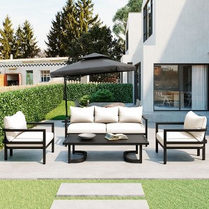 CAVINAS Outdoor Couch Sets with Coffee Table, Steel Balcony Furniture Set, Waterproof Patio Chairs Set of 4 for Backyard - 1 of 4