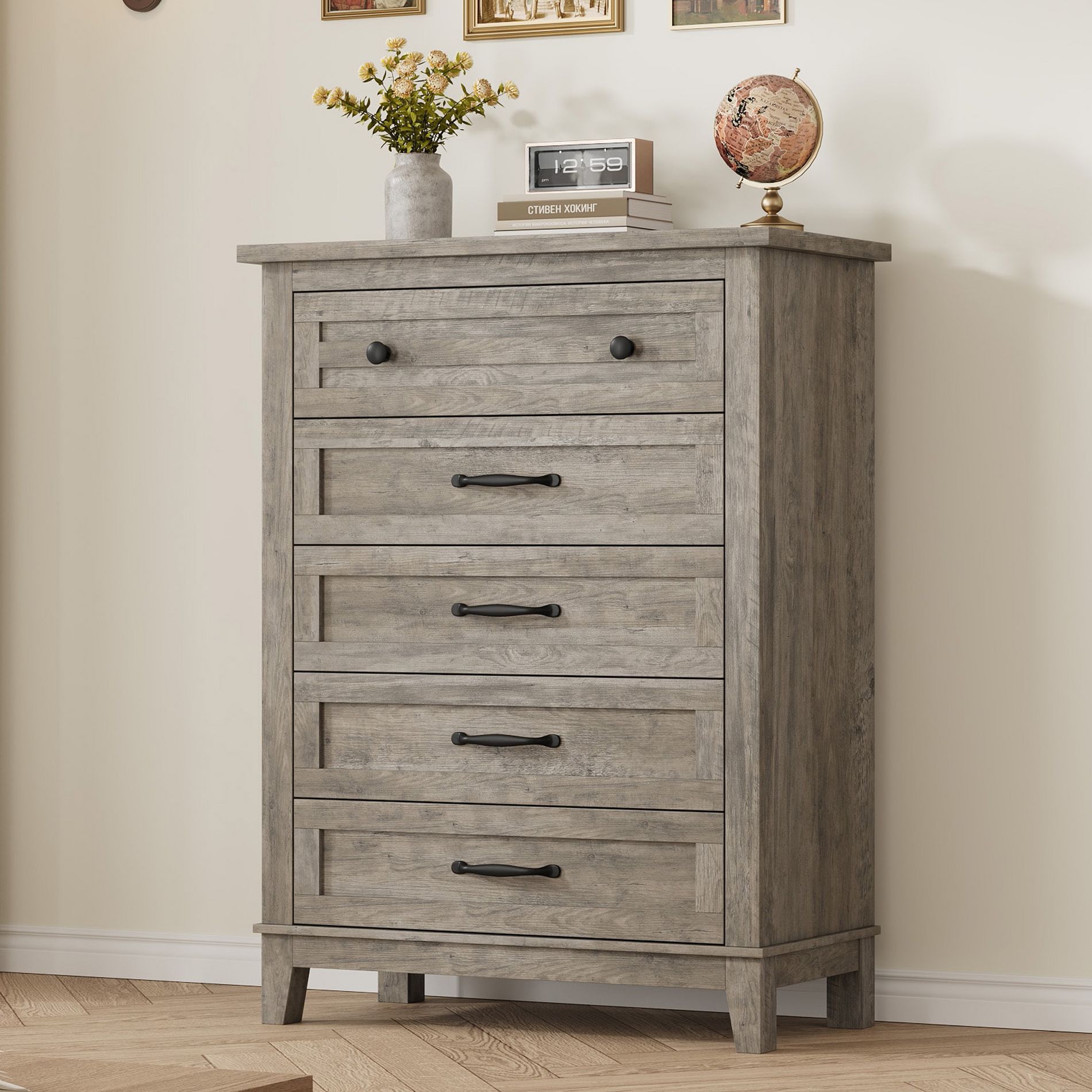 5 Dresser for Bedroom, 41" Tall Dresser, Vertical Drawer Dresser with Storage Freestanding, Wooden Closet Dresser Storage Chest for Bedroom, Grey