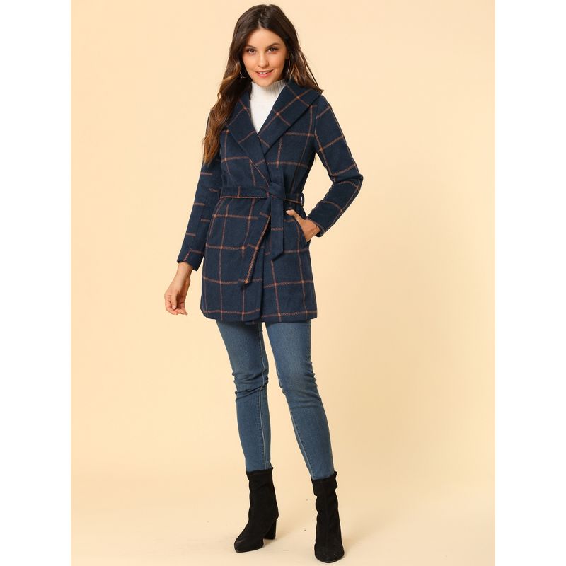 Allegra K Women's Shawl Collar Check Belted Wrap Plaid Coat with Pockets, 3 of 7