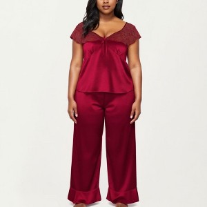 Anna-Kaci Lounge Women's PLus Size 2-Piece Set Satin Lace Trim Sleep Top and Wide Leg Pants with Soft Draping Silhouette - 1 of 4
