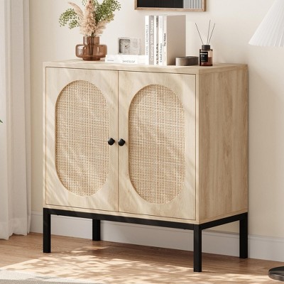 Garvee Rattan Buffet Cabinet, Accent Sideboard with 2 Doors and Shelves, Black Console Cabinet for Living Room, Dining Room, Hallway