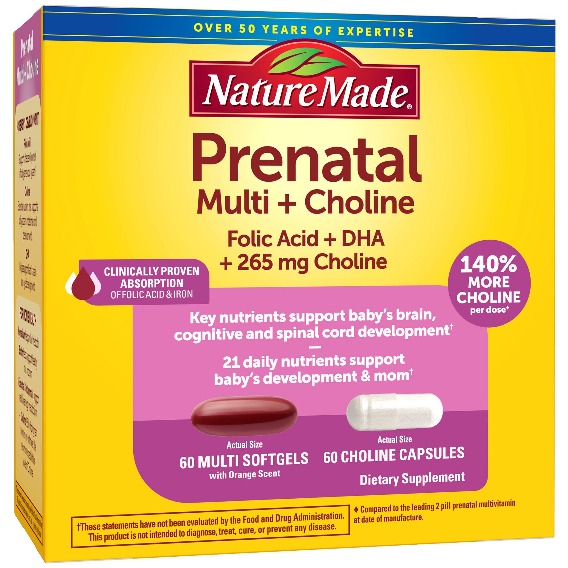 Nature Made Prenatal + Choline Softgel Capsule - 120ct: 265mg Choline, Orange Flavor, Gluten-Free