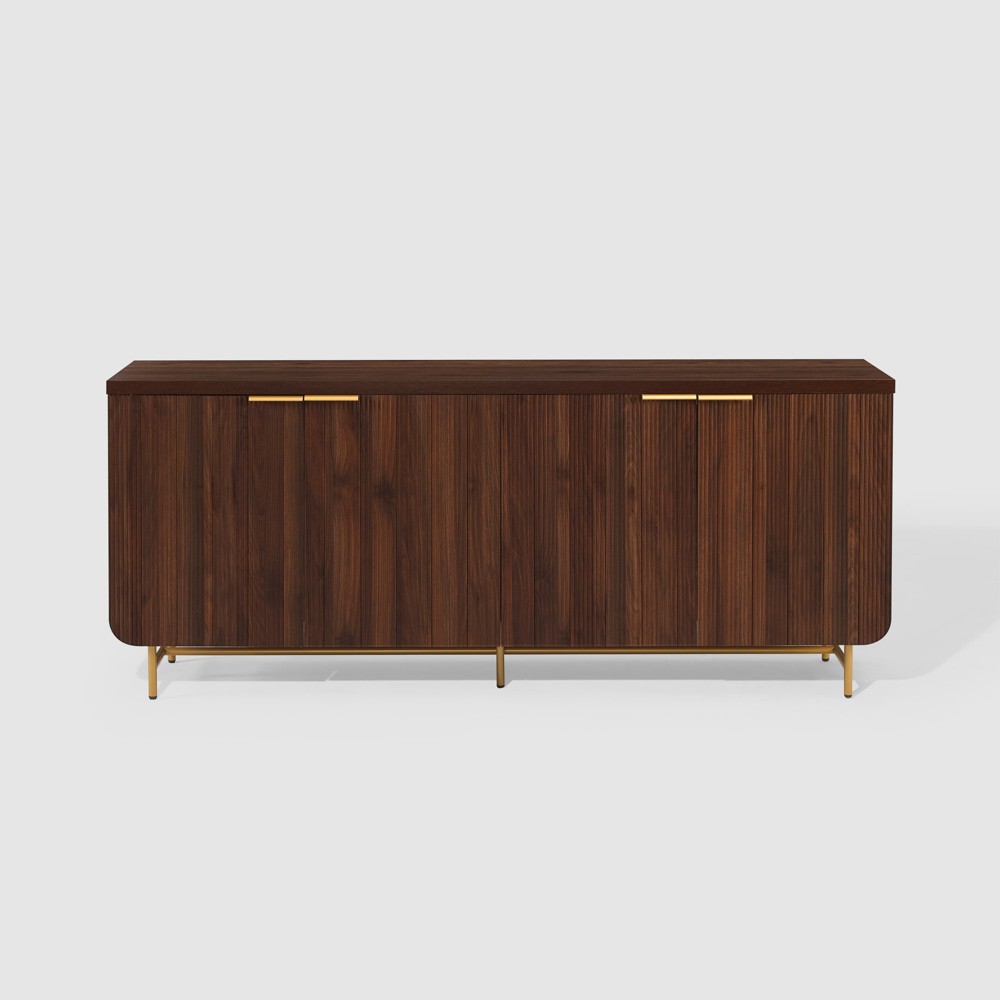 Saracina Home Modern 4 Door Reeded Sideboard Dark Walnut/Old Gold: Buffet Storage, TV Stand, Adjustable Shelves