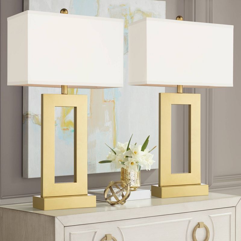 360 Lighting Marshall 30" Tall Open Rectangle Large Modern Luxe End Table Lamps Set of 2 Gold Finish Metal White Shade Living Room Bedroom Bedside, 2 of 10