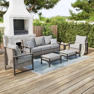 Sonkuki Outdoor Furniture Set Patio Conversation Sofa with Coffee Table Set, All-Weather PE Rattan Couch with Cushion - 1 of 4
