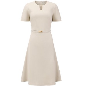 INSPIRE CHIC Women's Elegant A-Line Choker V Neck Belted Wear to Work Fit and Flare Dress - 1 of 4