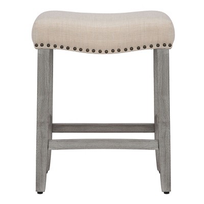 24" Beige Linen Upholstered Wood Saddle Counter Stool